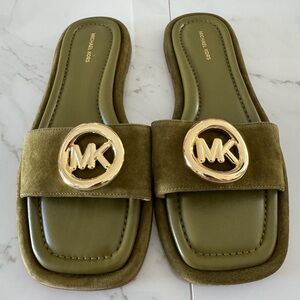 Michael Kors Olive Suede Slide Sandals with Gold MK Emblem